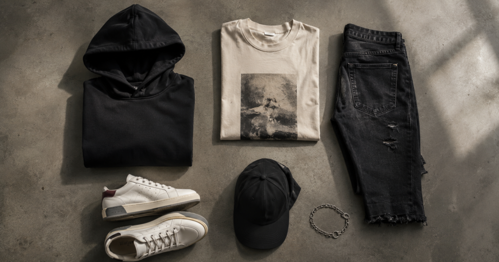 Flat lay of luxury streetwear pieces including a heavyweight black hoodie, rhinestone graphic tee, and distressed designer denim on a concrete floor.